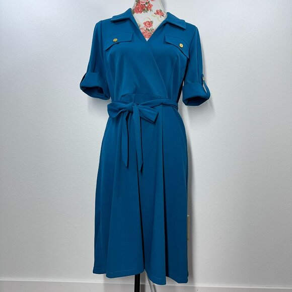Shelby & Palmer Women's Blue Dress Size 8 Wrap Front Belt Tie Button-Tab Sleeve - Picture 1 of 5